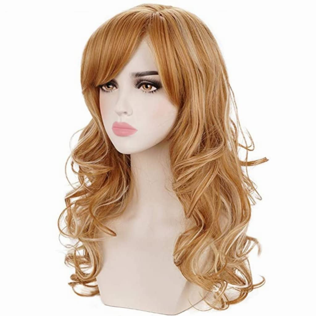 Long Curly Wavy Strawberry Blonde Highlights Natural Synthetic Hair Wigs with Bangs for Women Daily Wear, Cosplay, Halloween