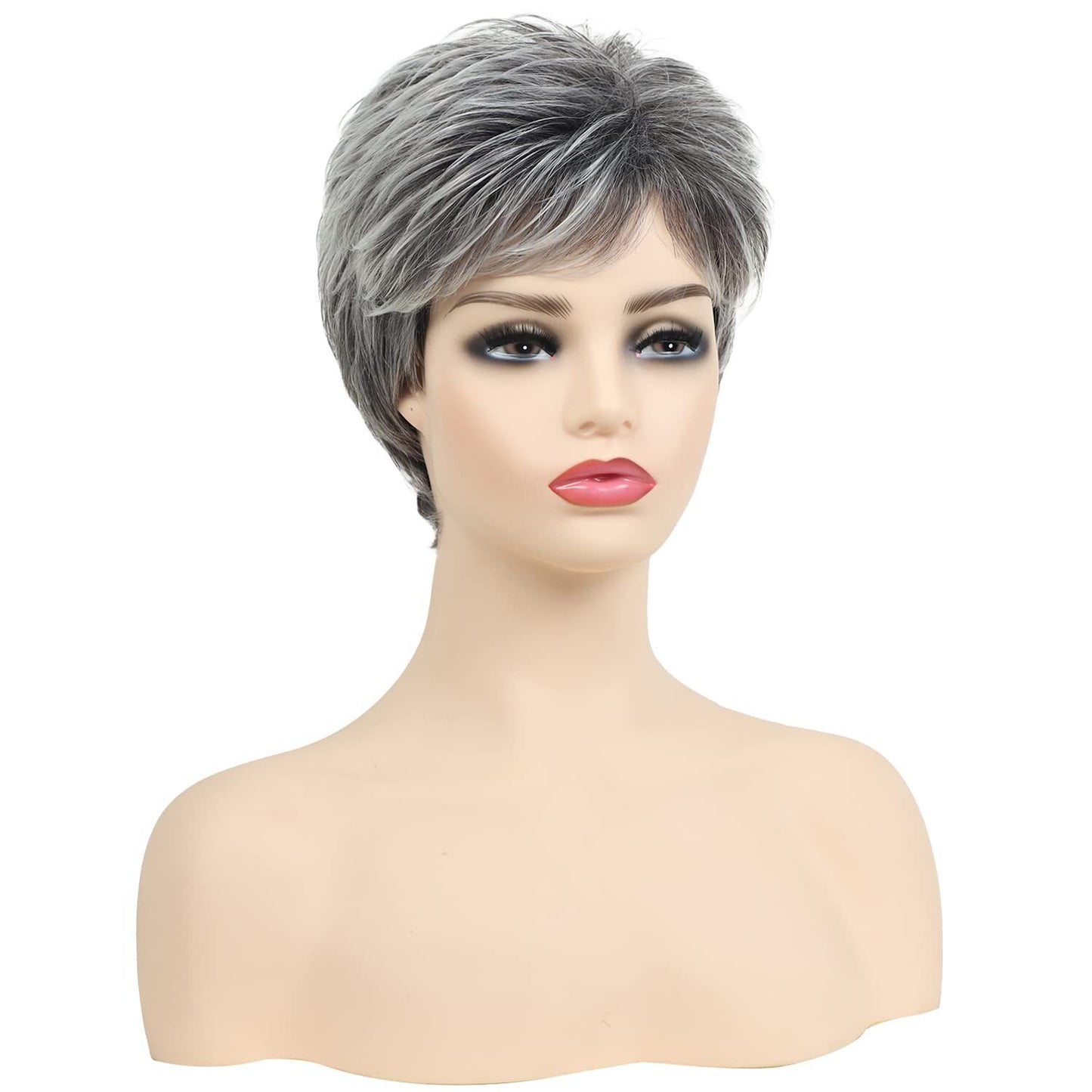 Short Grey Wigs for Women Gray White Pixie Cut Wigs with Dark Root Layered Sy...