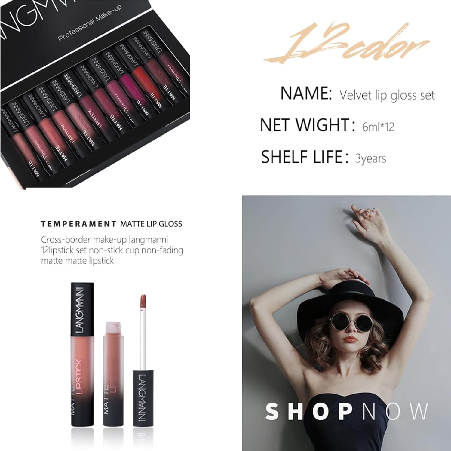 Matte Lip Gloss, 12 Colors Lift Lip Glosses, Velvet Matte Lipstick - Waterproof, Long Lasting, Full Cover, High Pigment - Perfect Makeup Gift for Women - D