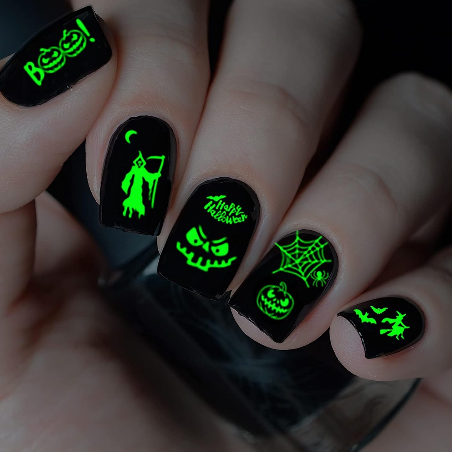 9 Sheets Halloween Nail Stickers Glow in the Dark, Fluorescent Design Nail Decals, Self-Adhesive DIY Nail Art Tips for Women Manicure