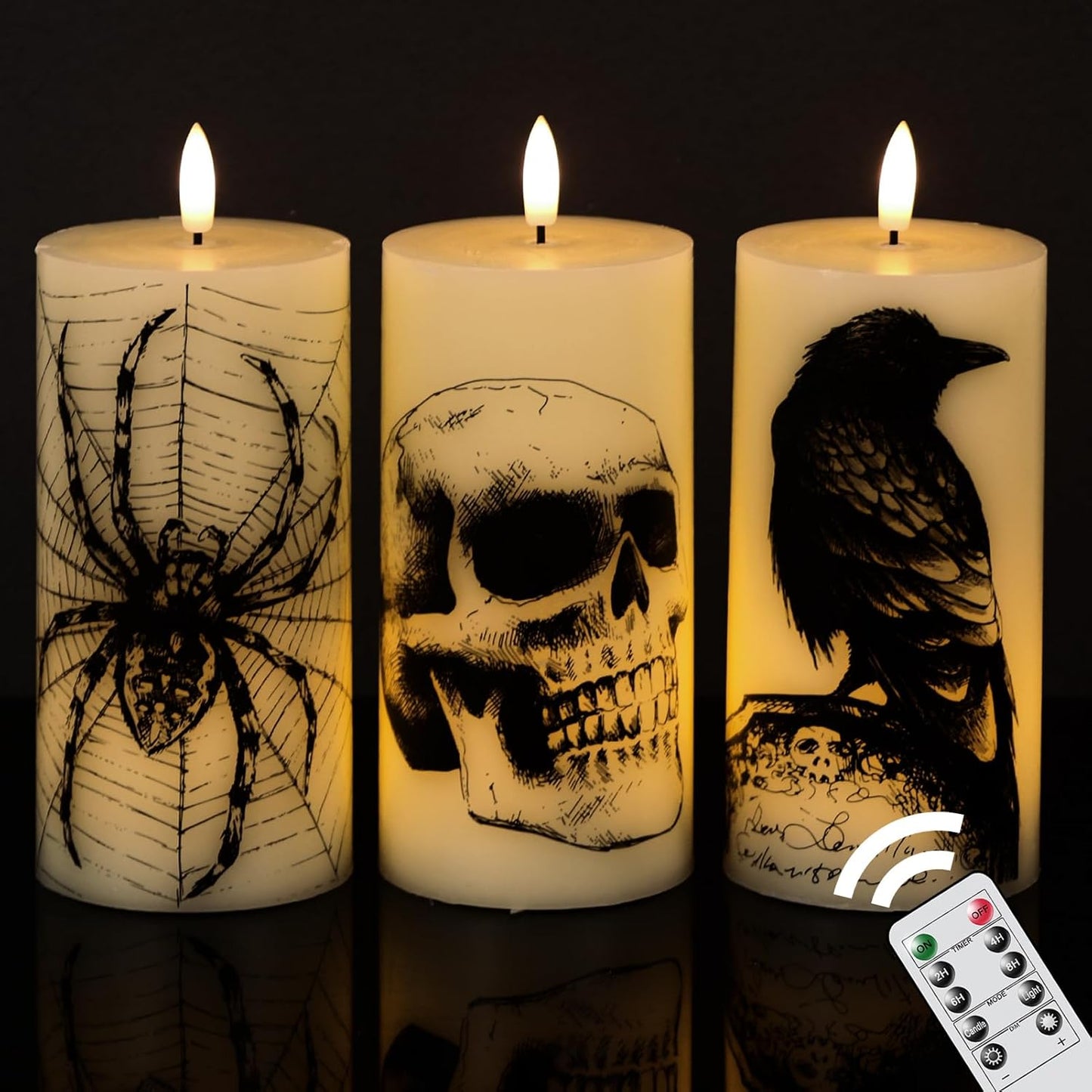 Halloween Flameless Candles, LED Flickering Battery Pillar Candles with 6H Timer and Pumpkin Decals, Spooky Fall Halloween Festival Party Decoration Set of 3 (D 3” X H 4” 5” 6”)