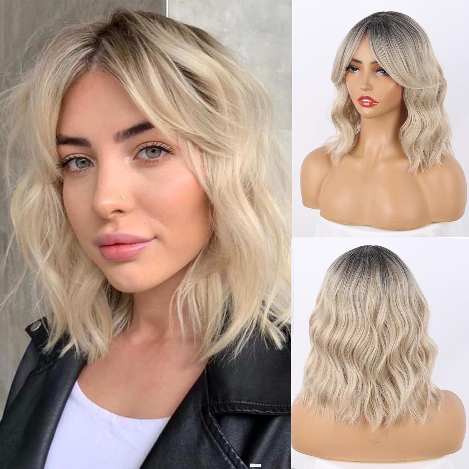 Dark Brown Wavy Bob Wig Natural Brown Curly Bob Wig with Curtain Bangs for Black Women,Synthetic Short Curly with Bangs Wavy Shoulder Length Hair for Daily Use 4#