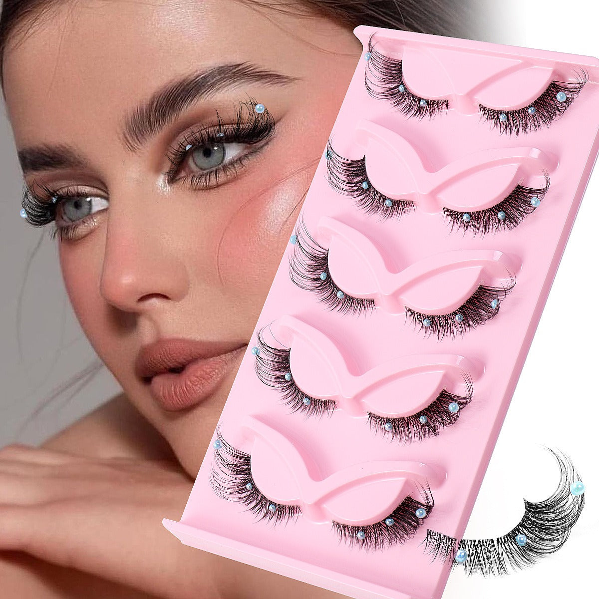 3D Foxy Winged Cat Eye Lashes | Clear Band Vegan Faux Mink Strip Lashes with Diamond Pearl Detail