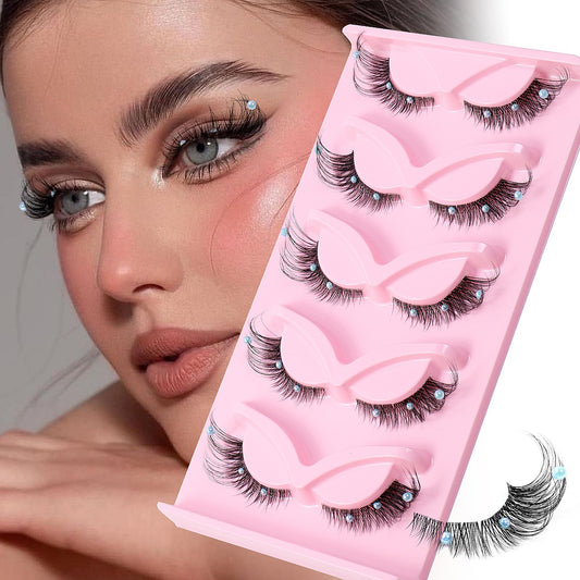 3D Foxy Winged Cat Eye Lashes | Clear Band Vegan Faux Mink Strip Lashes with Diamond Pearl Detail