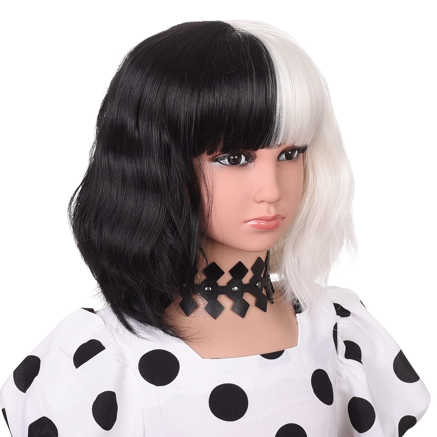 3+ Years Kids Black and White Wig with Necklace for Cosplay Costume Short Wavy Bob Synthetic Wigs with Bangs for Girls Children Halloween Party
