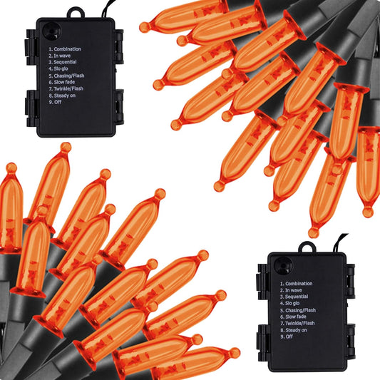 2 Pack Orange Halloween String Light, Battery Operated Lights 50 LED 16 FT String Light Waterproof Tree Lights with 8 Lighting Modes,Indoor Outdoor Patio Garden Halloween Decorations