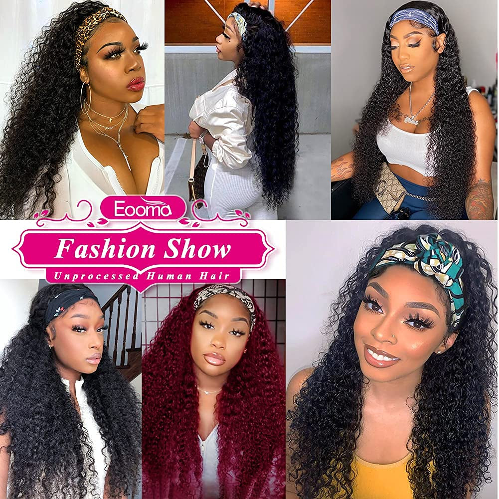 Glueless Wigs Human Hair Curly Headband Wig for Black Women (20 Inch) Brazilian Remy Hair Curly None Lace Front Wigs Human Hair Scarf No Gel Wigs