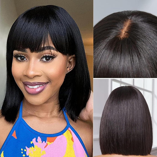 Bob Wig Human Hair with Bangs Short Black Bob Wigs for Women Human Hair Brazilian Virgin Straight Hair Bob Wigs with Bangs Natural Color