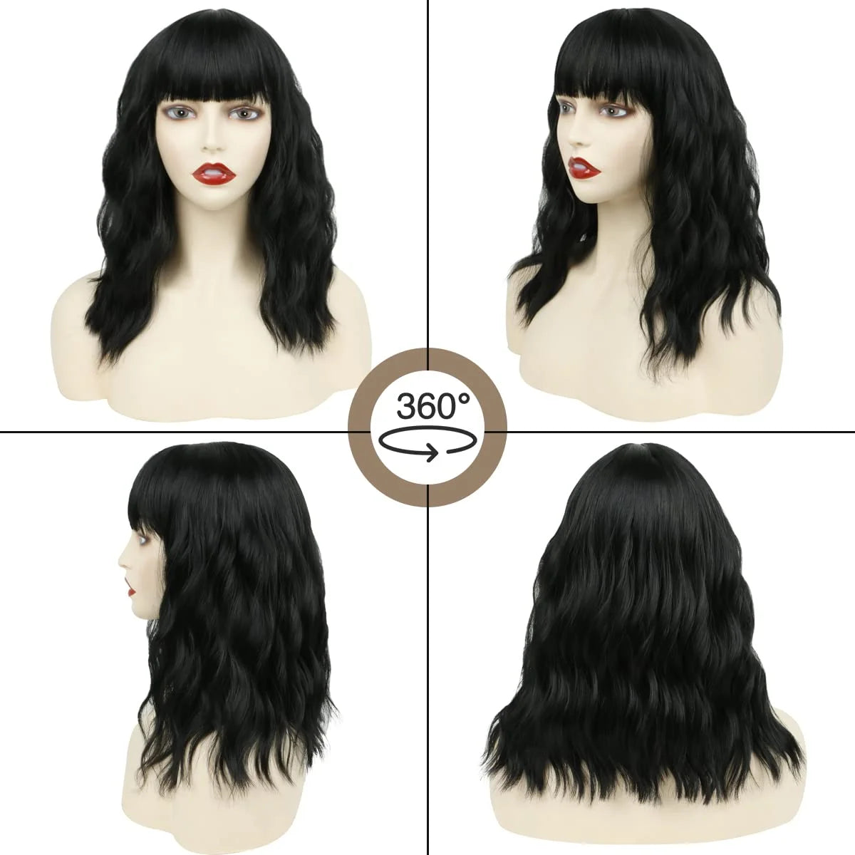 12" Short Bob Wigs for Black Women Water Wavy Wig Synthetic Black Wig with Bangs
