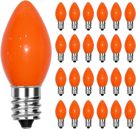 25 Pack C7 Halloween Replacement Light Bulbs, Orange Ceramic Christmas Lights for Halloween Outdoor Patio Indoor Xmas String Lights, C7/E12 Candelabra Base, 5 Watt, Orange