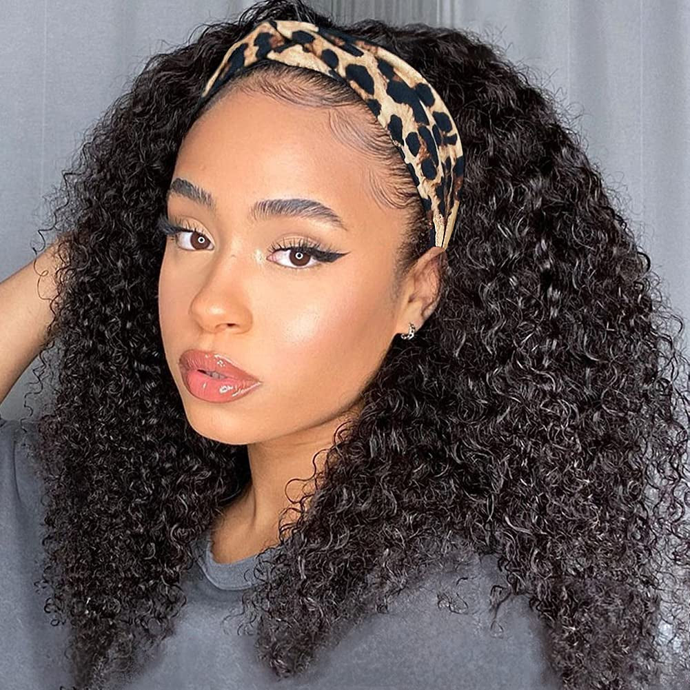 Glueless Wigs Human Hair Curly Headband Wig for Black Women (20 Inch) Brazilian Remy Hair Curly None Lace Front Wigs Human Hair Scarf No Gel Wigs