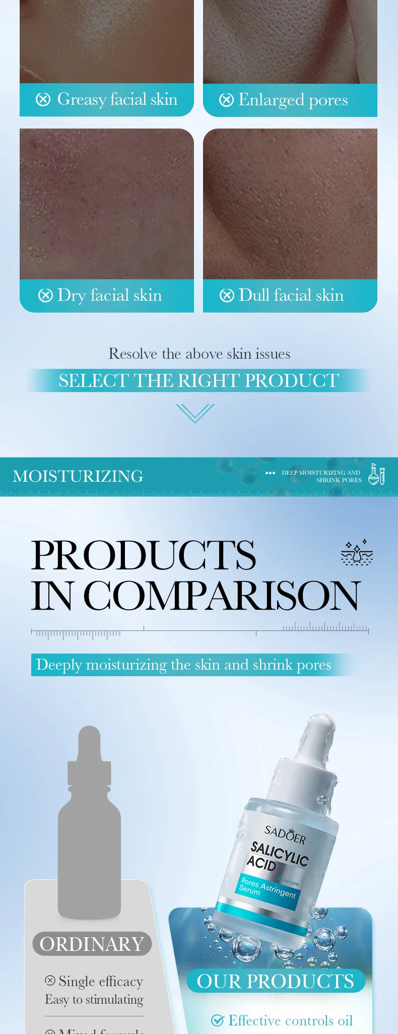 Hyaluronic Acid Facial Essence Natural Moisturizing Factor Salicylic Acid Pore Tightening Serum Deeply Hydrating Oil Control