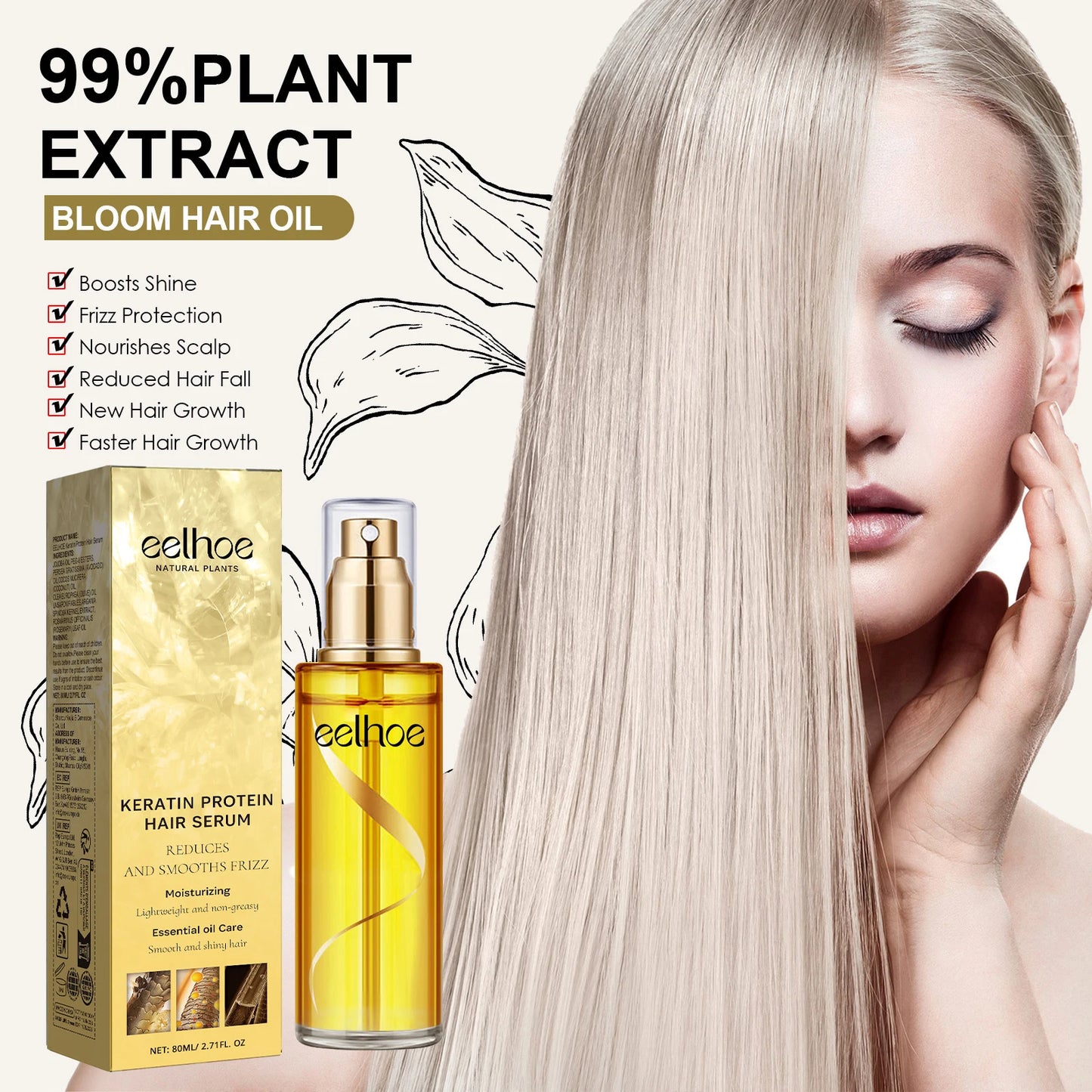 EELHOE Keratin Protein Hair Serum Hair Care Essence Spray Hair Repairing Improving Dry Curly Hairy Essence Smoothing Hair Mask