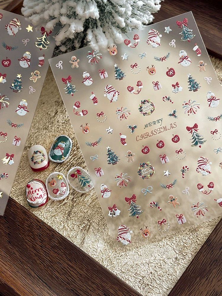 Color Christmas Tree Nail Stickers Four Eight-Pointed Stars Bows Garland Exquisite Lines Embossed Nails