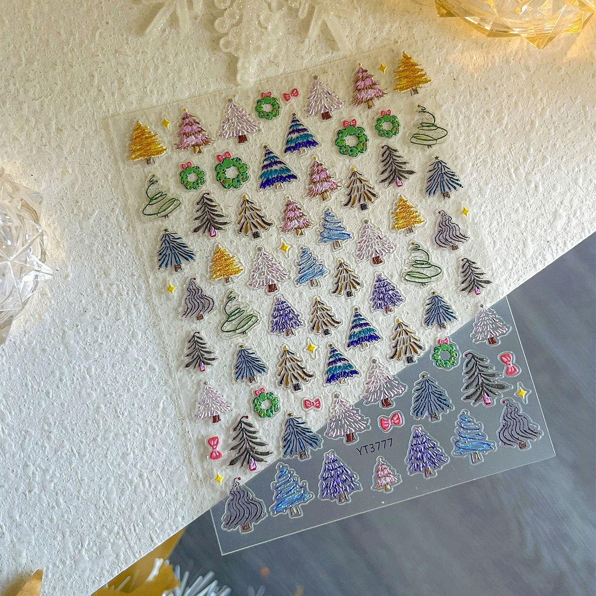 Color Christmas Tree Nail Stickers Four Eight-Pointed Stars Bows Garland Exquisite Lines Embossed Nails