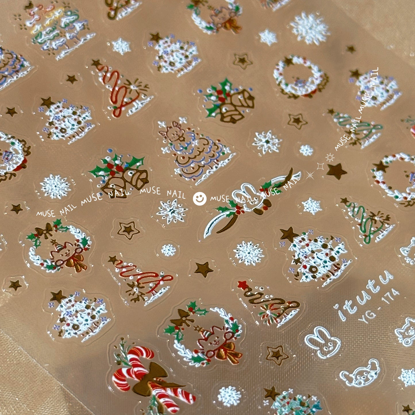 Color Christmas Tree Nail Stickers Four Eight-Pointed Stars Bows Garland Exquisite Lines Embossed Nails