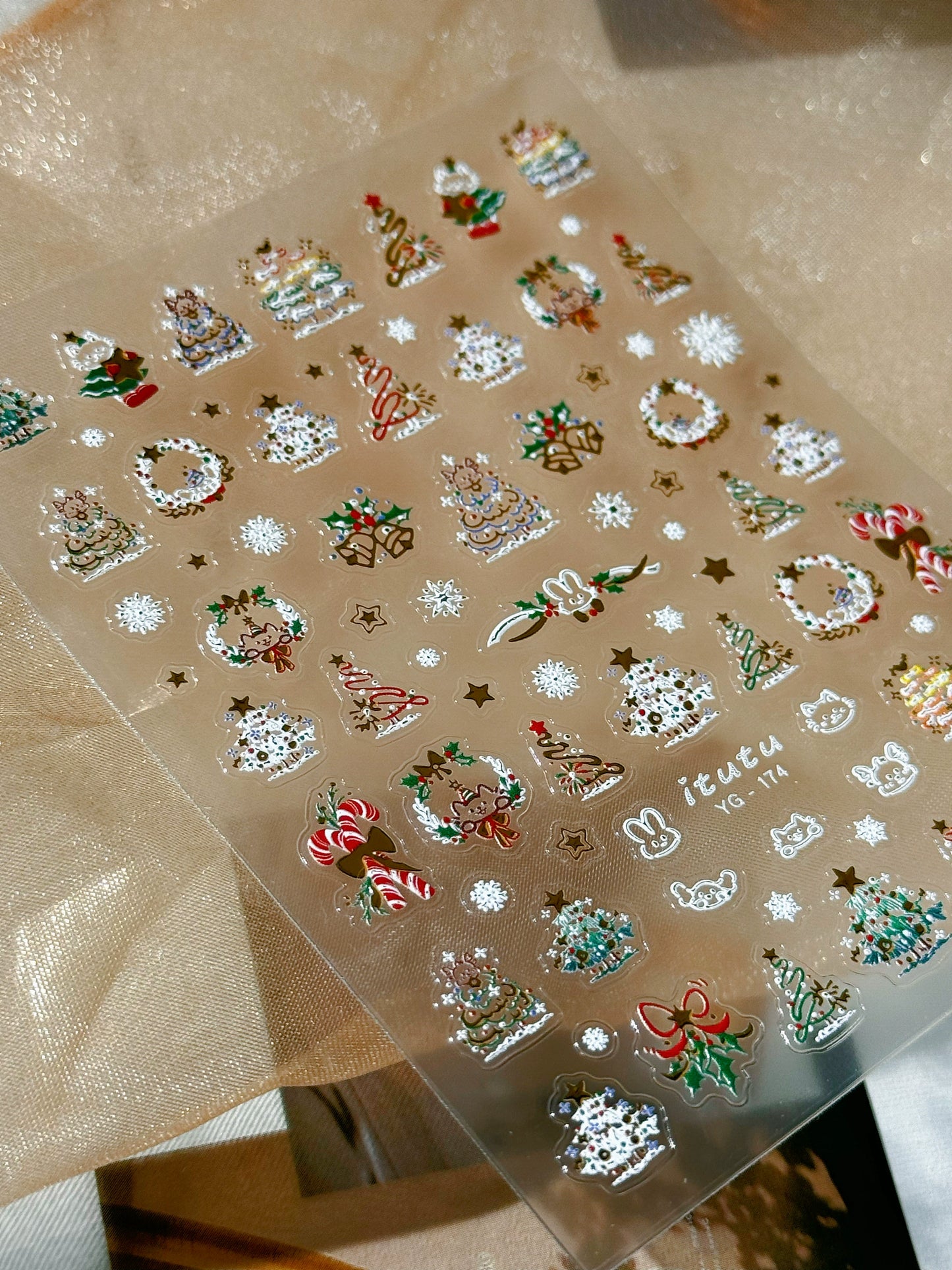 Color Christmas Tree Nail Stickers Four Eight-Pointed Stars Bows Garland Exquisite Lines Embossed Nails