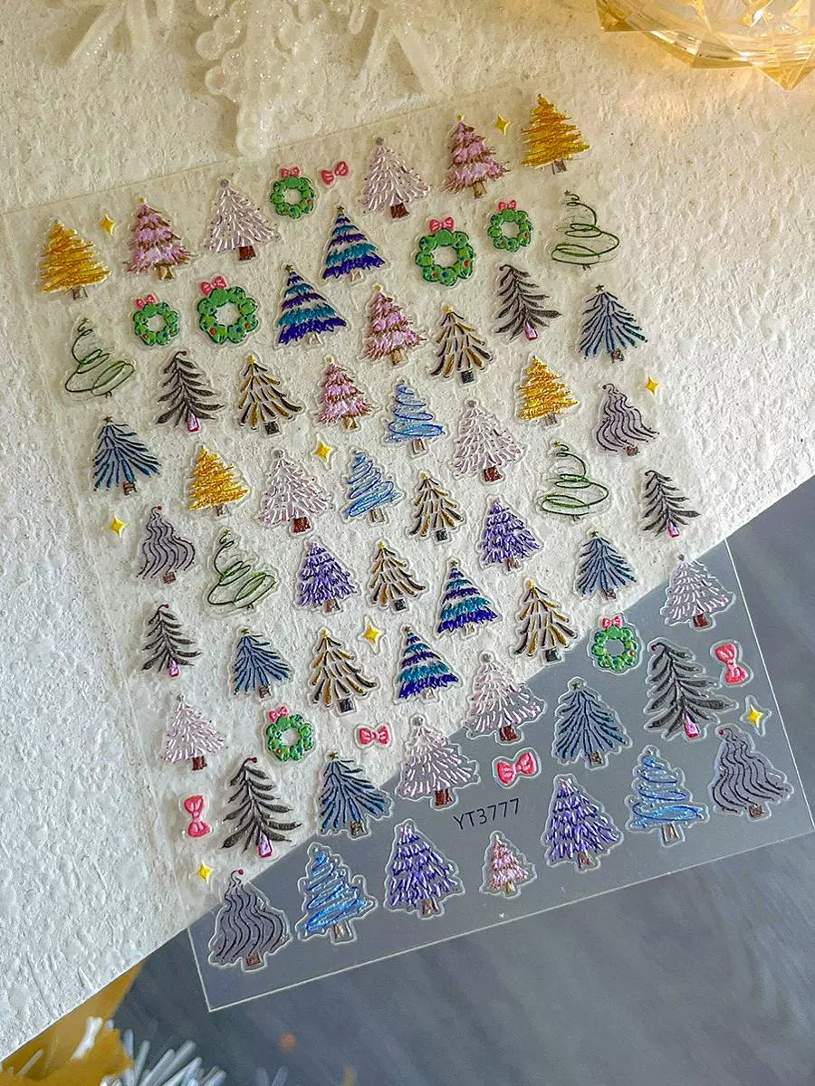 Color Christmas Tree Nail Stickers Four Eight-Pointed Stars Bows Garland Exquisite Lines Embossed Nails