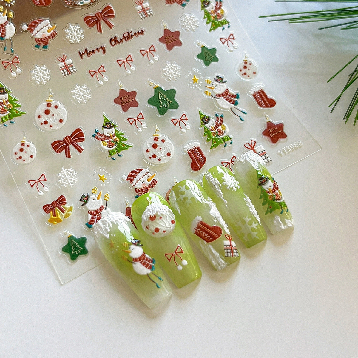 Color Christmas Tree Nail Stickers Four Eight-Pointed Stars Bows Garland Exquisite Lines Embossed Nails