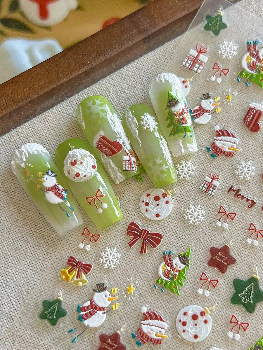 Color Christmas Tree Nail Stickers Four Eight-Pointed Stars Bows Garland Exquisite Lines Embossed Nails