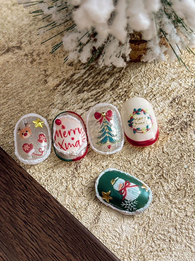 Color Christmas Tree Nail Stickers Four Eight-Pointed Stars Bows Garland Exquisite Lines Embossed Nails