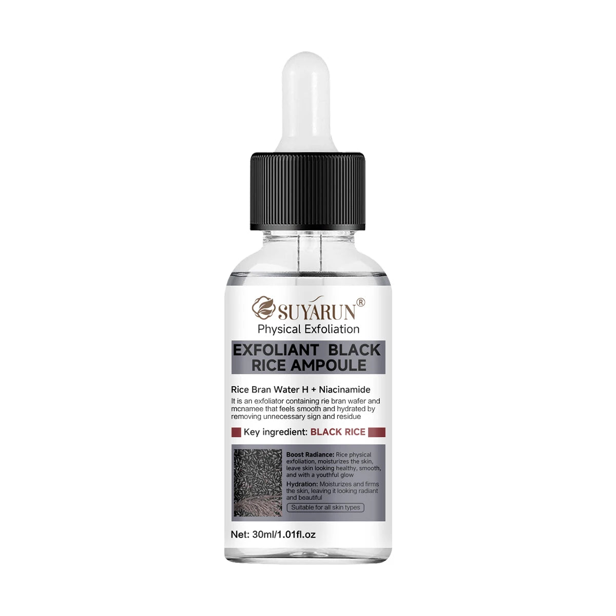 SUYARUN Black Rice Exfoliating Serum for Face - Gentle Peel & Brightening Essence, Deep Cleanse, Vegan Formula for all Skin.