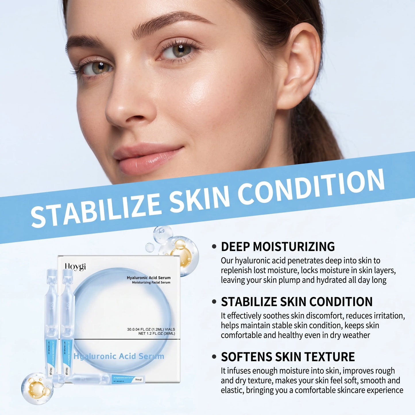30PCS Hyaluronic Acid Single Use Ampoules Serum Deep Moisturizing Repairs Sensitive Skin Reduces Redness Daily Facial Skincare