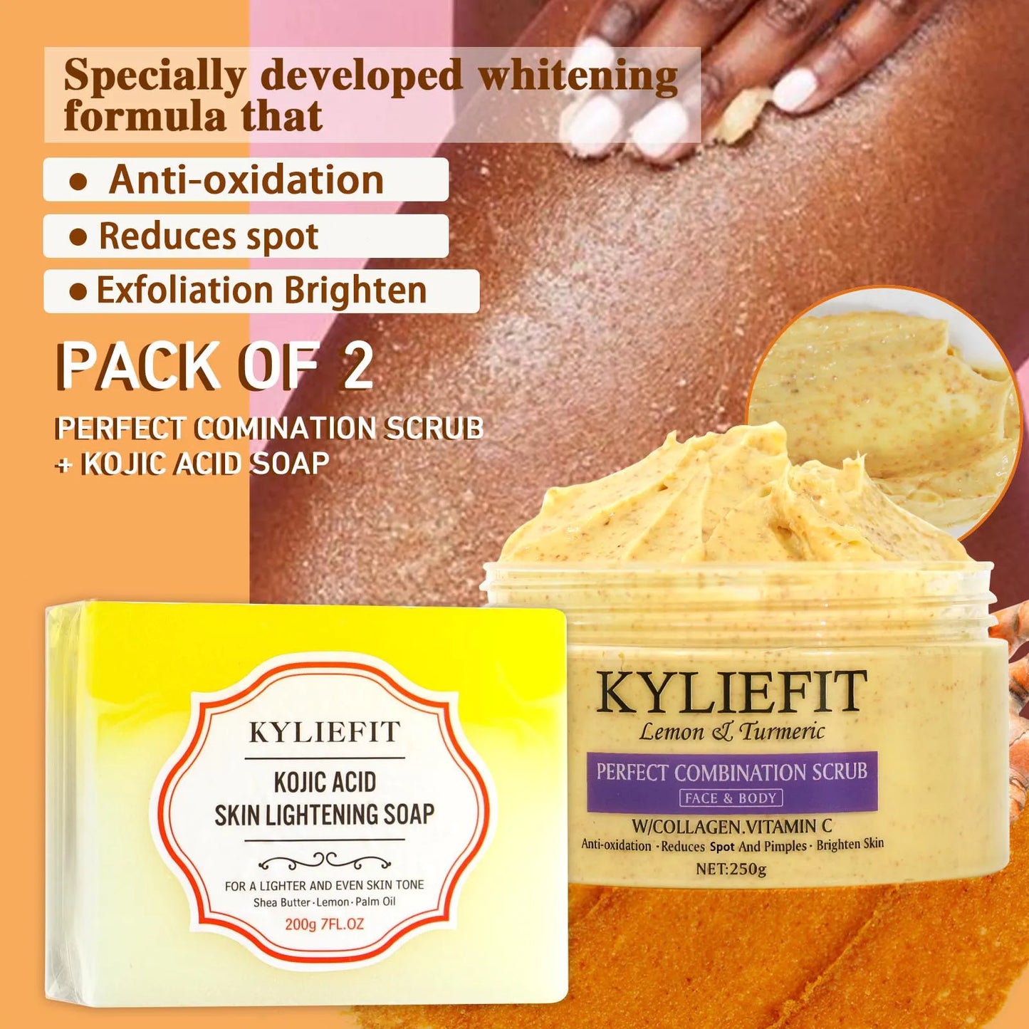 KYLIEFIT Lemon & Turmeric Perfect Combination Body Scrub, Whitening, Moisturizing, Anti Oxidation, Exfoliate,Brighten Skin Tone