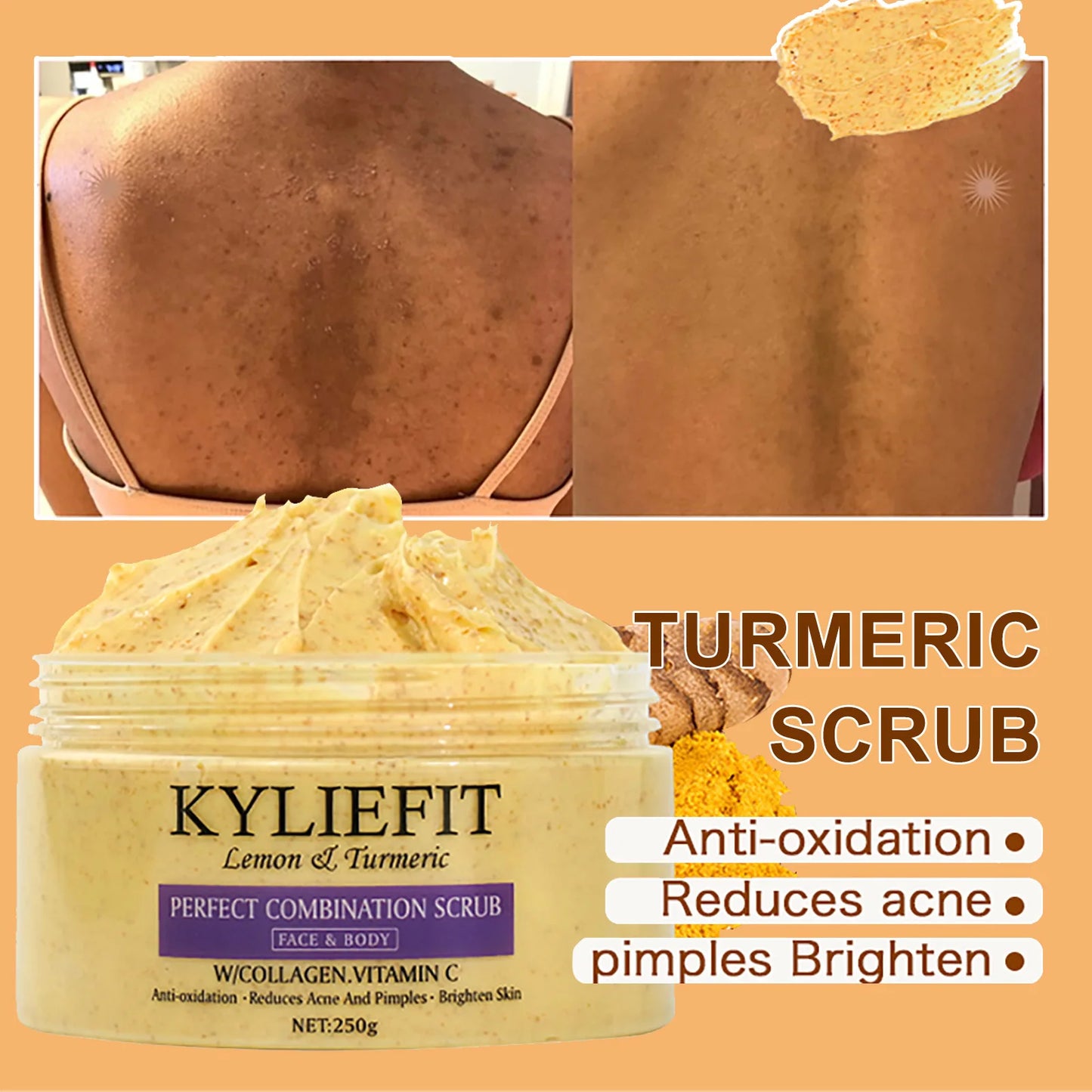 KYLIEFIT Lemon & Turmeric Perfect Combination Body Scrub, Whitening, Moisturizing, Anti Oxidation, Exfoliate,Brighten Skin Tone