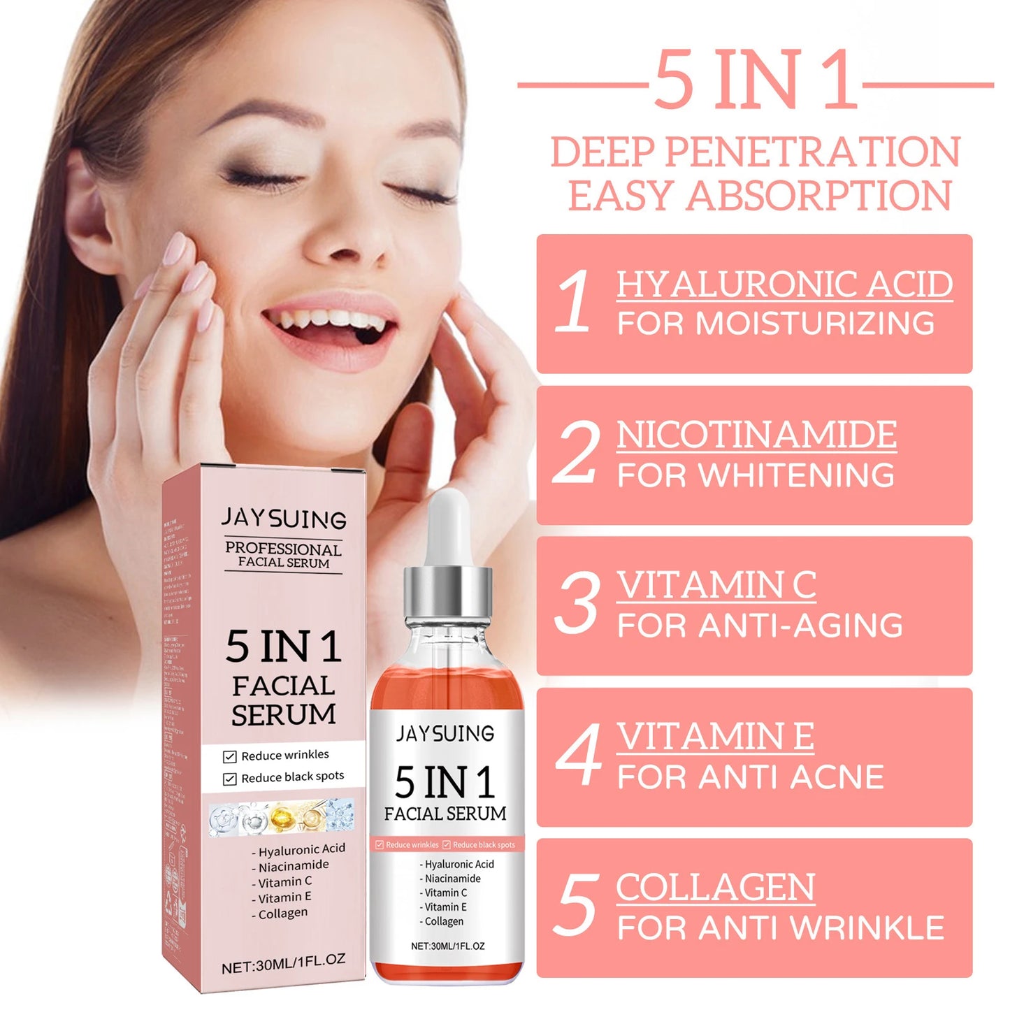 5-in-1 Facial Serum Moisturizes Skin, Firms, Reduces Spots and Acne, Beauty Enhancing Serum