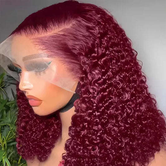 99J Colored Curly Deep Water Wave Lace Front Wig Burgundy Red Remy Short Cut Bob Frontal Human Hair Wigs Women Pre Plucked Wigs
