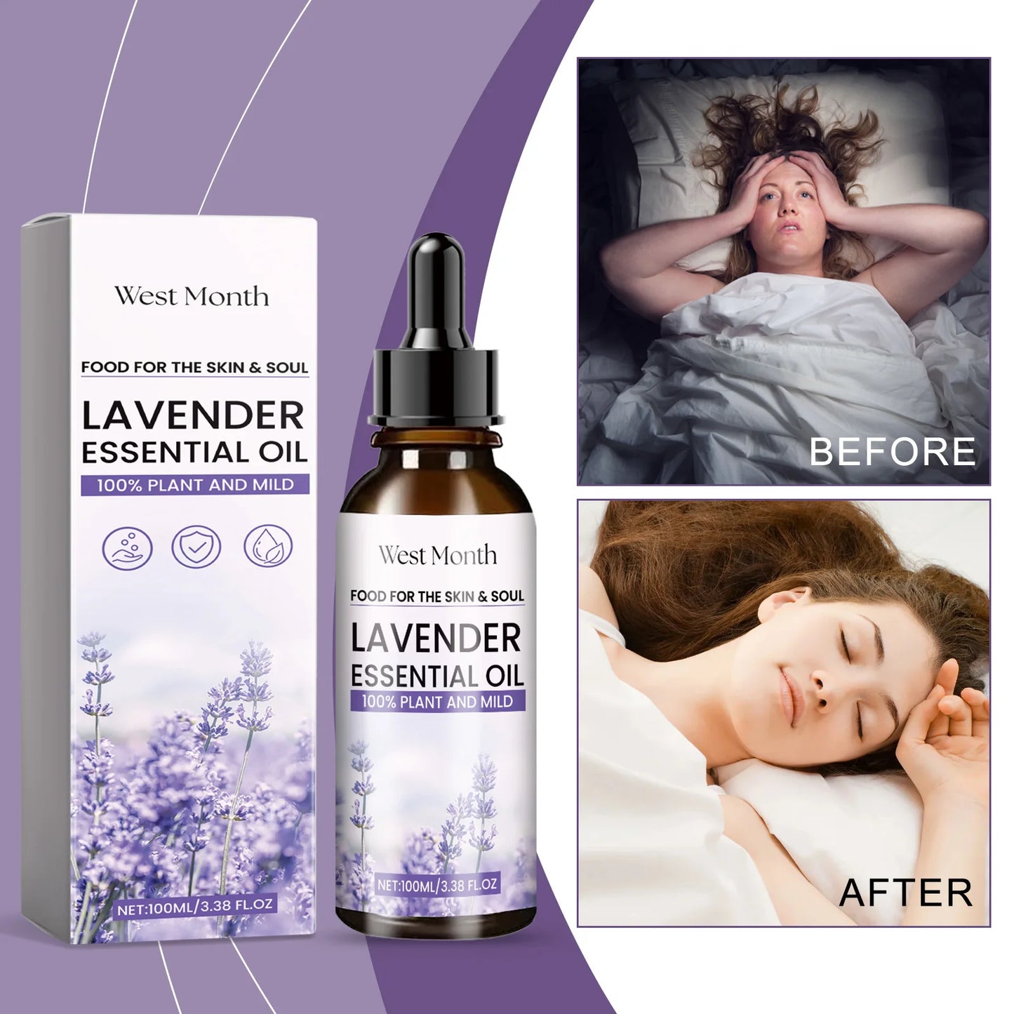 WEST MONTH Lavender Essential Oil Soothe and Relax Regulate Body and Mind Deeply Caring for The Skin Multiple Nourishing 3.38 oz