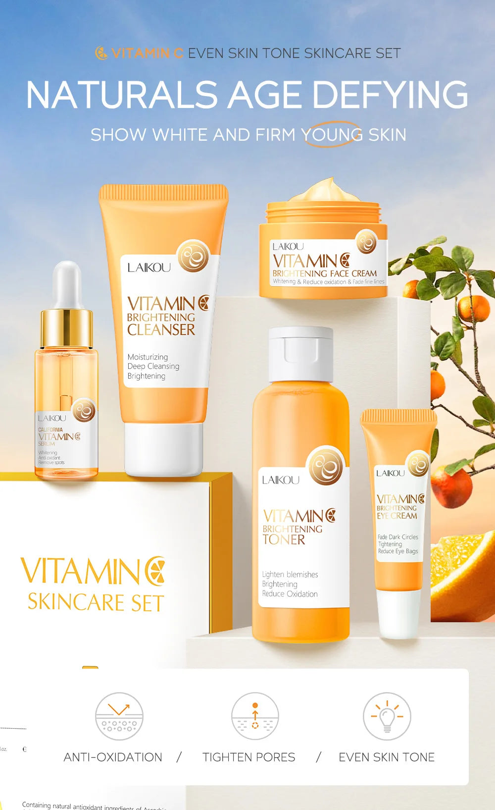 5 Pieces Vitamin C Skincare Set  Moisturizing Face Serum Brighten Cream Antiage Eye Cream Toner Facial Care Set for Dropshipping