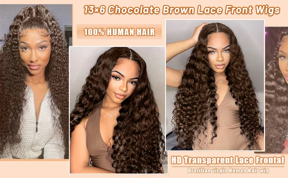 Chocolate Brown Deep Wave Lace Front Wig | 30–42 Inch 13x6/13x5 HD Wet & Wavy Human Hair – 200% Density