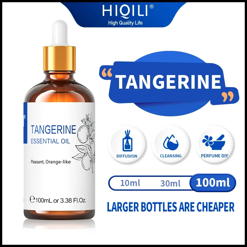 HIQILI Tangerine Essential Oil 100ml | Pure Citrus Oil for Diffuser, Cleaning, Massage & Soap Making