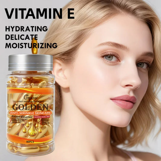 80 Capsules of Facial Anti-Wrinkle Serum, Rich in Vitamins C, E, and Squalane, Moisturizes and Nourishes the Skin, Making It Smooth and Delicate, Packaged in Capsule Form, Hygienic and Portable