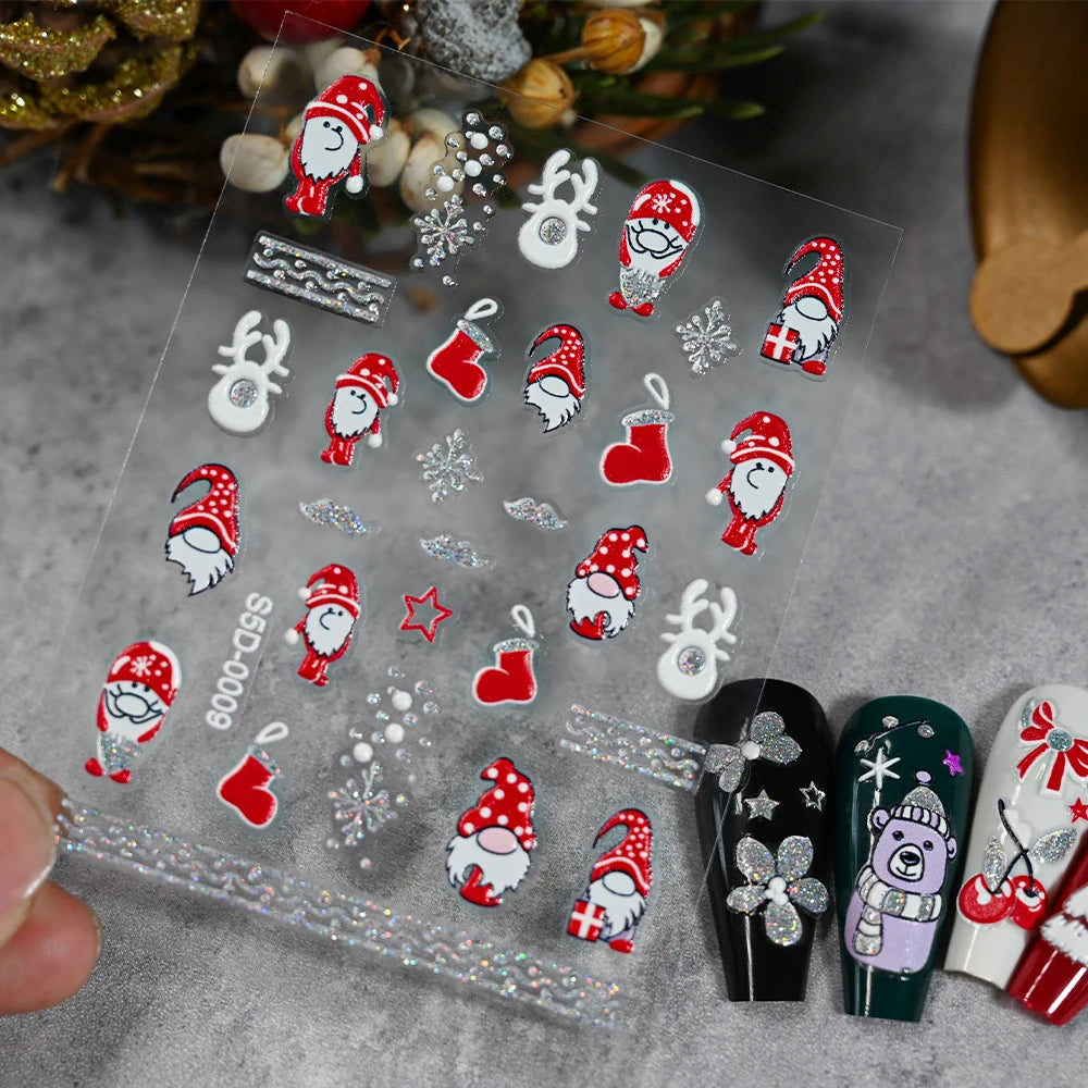 1/2PC 5D Christmas Santa Claus Elk Nail Art Stickers Snowflake New Year Cartoon Nail Decor Decals Xmas Adhesive Manicure Sliders