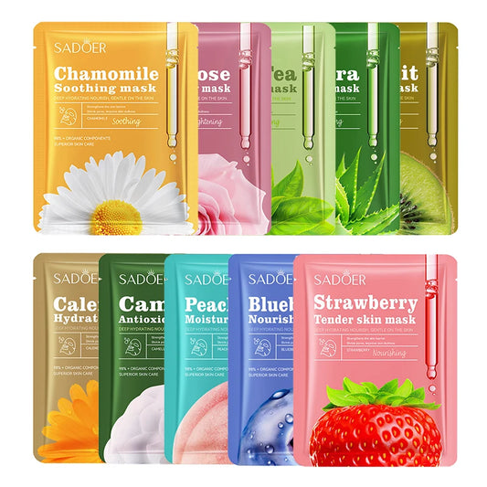 SADOER Fruit & Floral Face Masks | 10PCS Hydrating & Firming Sheet Mask Set with Chamomile & Blueberry