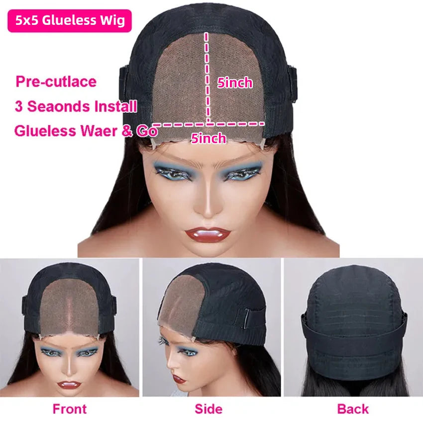 200 Density Glueless 5X5 Straight Lace Front Wig Pre Plucked Lace Front Pre Cut Ready to Wear Lace Closure Human Hair Wigs