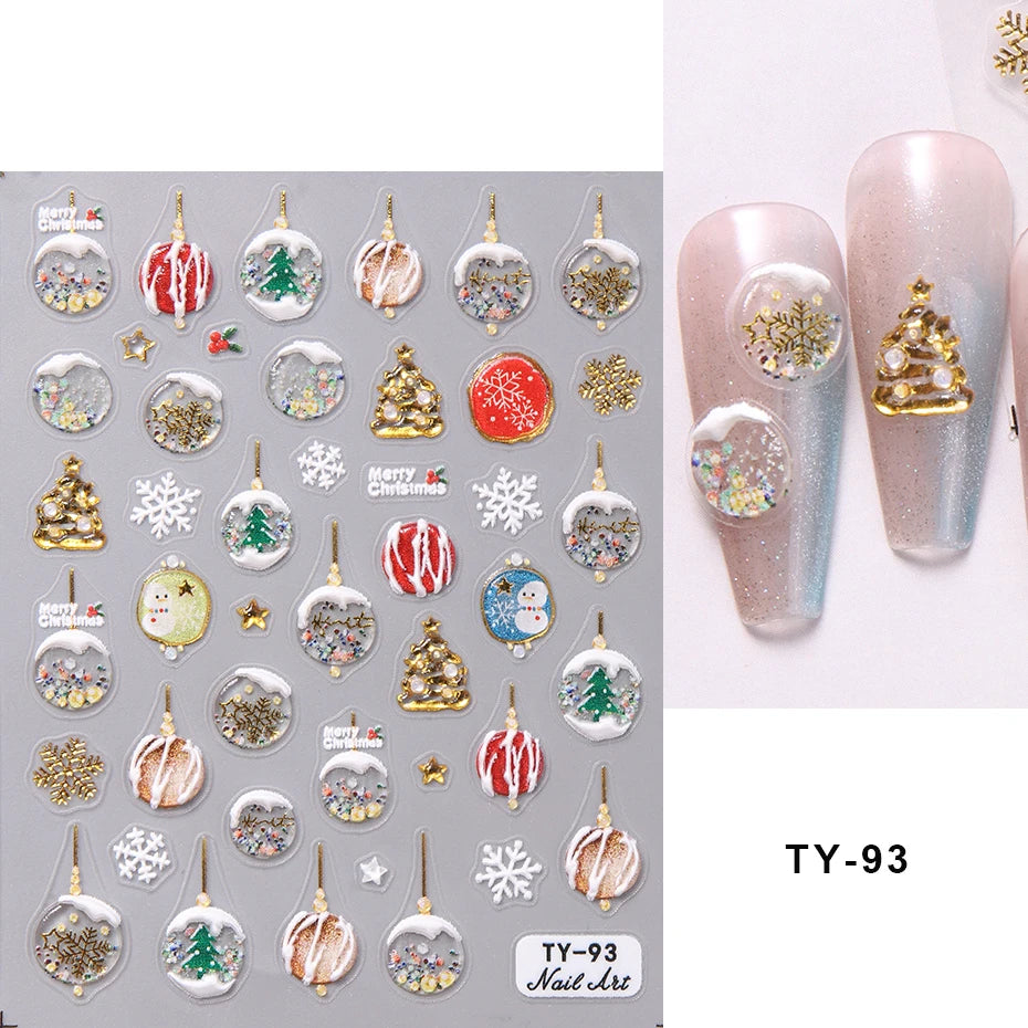 5D Christmas Embossed Nail Stickers Gold White Snowflakes Christmas Tree Snowman Nail Decals New Year DIY Manicure Decoration