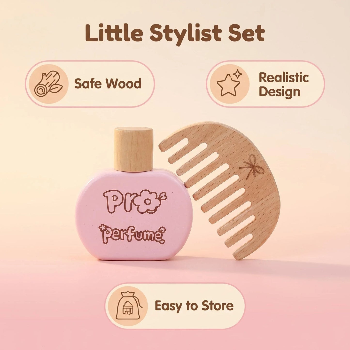 Kids' Pretend Makeup Toy Wooden Role‑play Dress‑up Vanity Gift Makeup Bag Set for Girls
