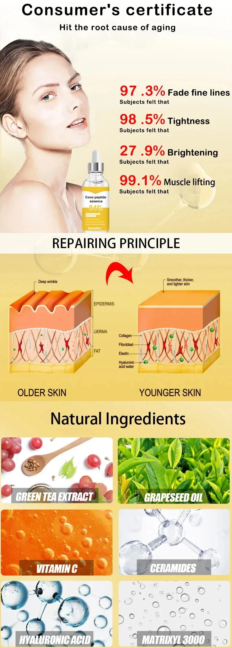 Firming Facial Serum Anti-Wrinkle Anti-Aging Remove Fine Lines Crow's Feet Fade Spots Whitening Brightening Skin Care Essence