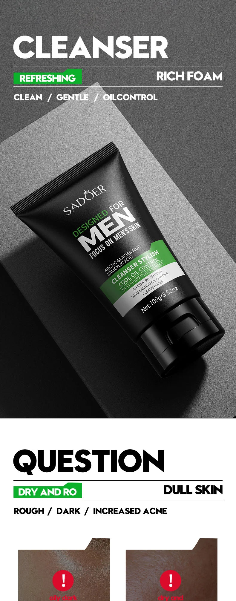 Men’s Cool Facial Cleanser – Deep Cleansing, Refreshing, Moisturizing & Pore Tightening | 100g