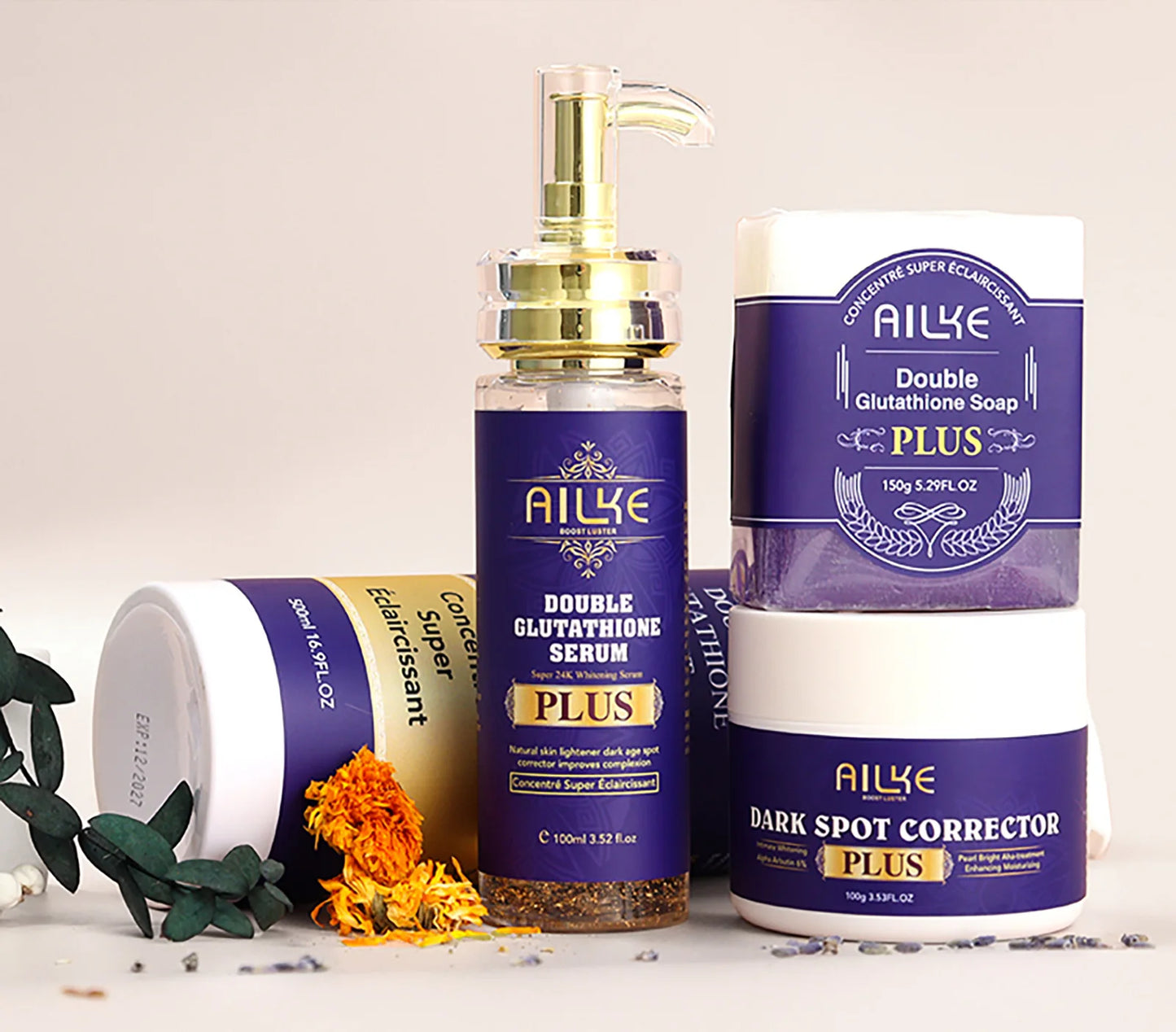 AILKE Glutathione PLUS Bleaching Skin Care Set, Moisturizing, Even Skin Tone, Improve Dark and Black Skin, Reduce Spots