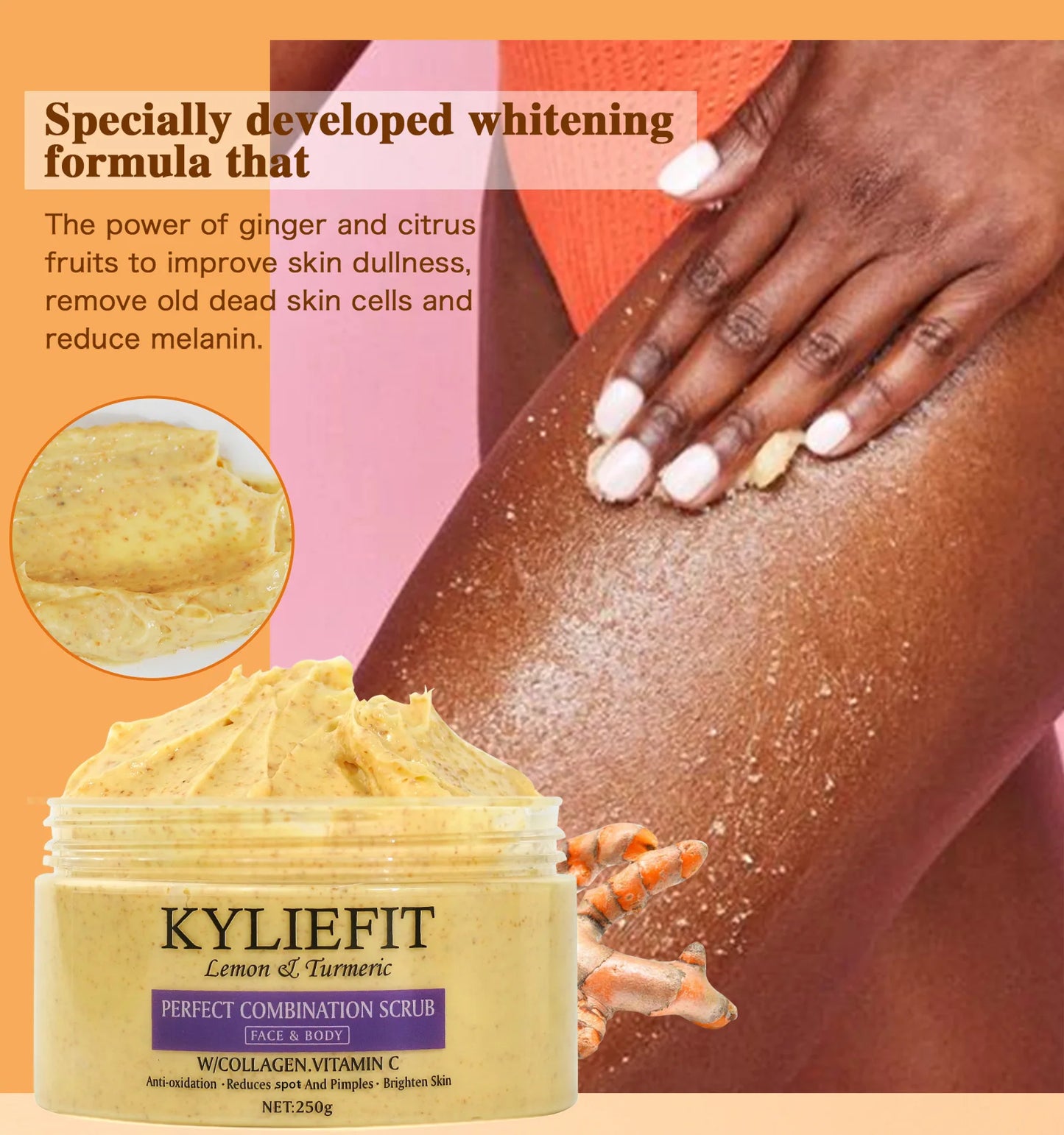 KYLIEFIT Lemon & Turmeric Perfect Combination Body Scrub, Whitening, Moisturizing, Anti Oxidation, Exfoliate,Brighten Skin Tone