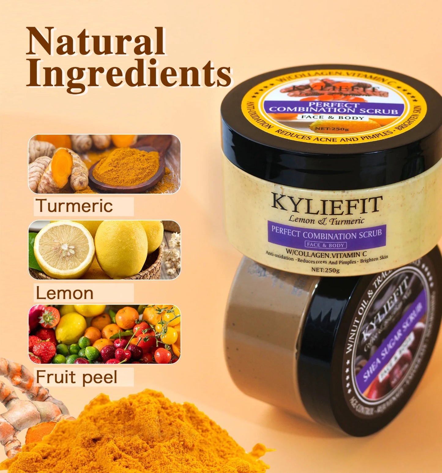 KYLIEFIT Lemon & Turmeric Perfect Combination Body Scrub, Whitening, Moisturizing, Anti Oxidation, Exfoliate,Brighten Skin Tone