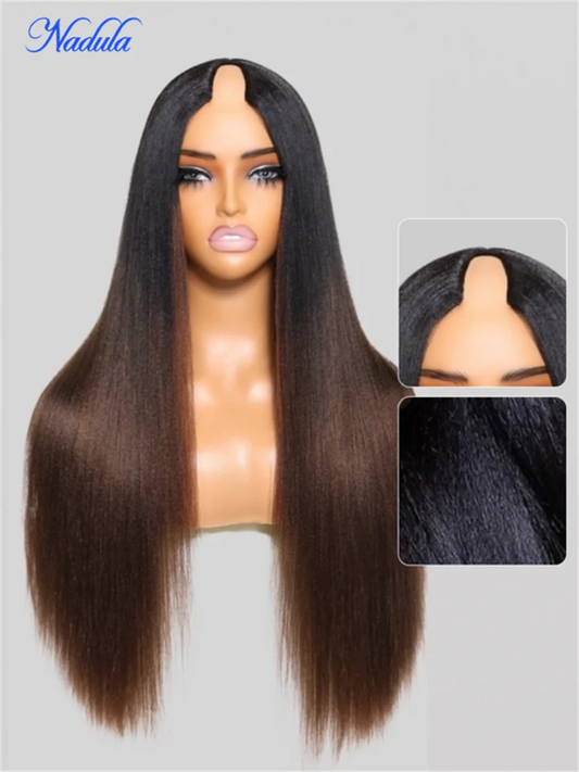 Nadula Ombre Brown Color Yaki Straight V Part Wig No Glue Begginer Friendly V Shape Part Human Hair Wig Begginer Friendly