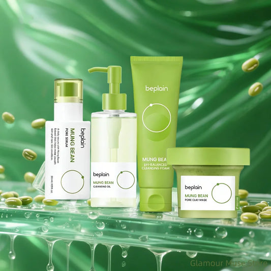 Korean Skincare Products BEPLAIN Mung Bean Pore Serum,Deep Cleansing Foam,facial Pore Remover Clay Mask and Makeup Remover Oil