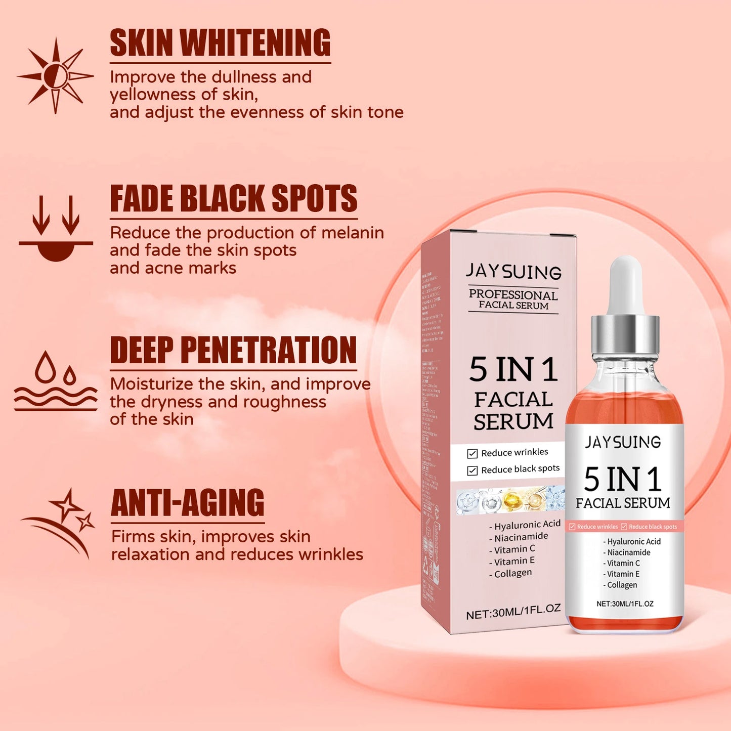 5-in-1 Facial Serum Moisturizes Skin, Firms, Reduces Spots and Acne, Beauty Enhancing Serum