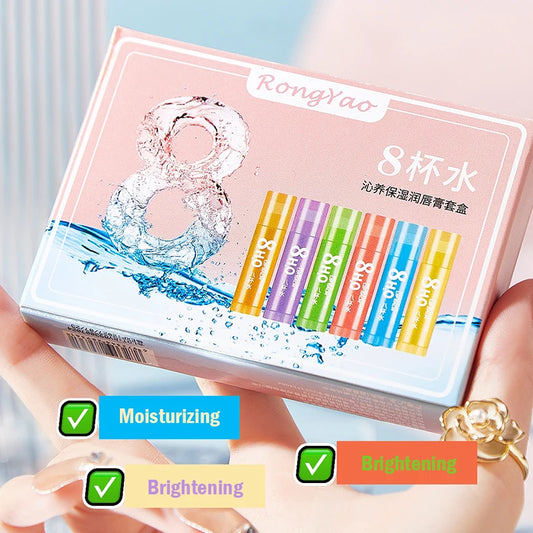 6pcs Fruit Lip Balm Set – Moisturizing & Brightening Lip Care Kit (Orange, Grape, Aloe, Strawberry)
